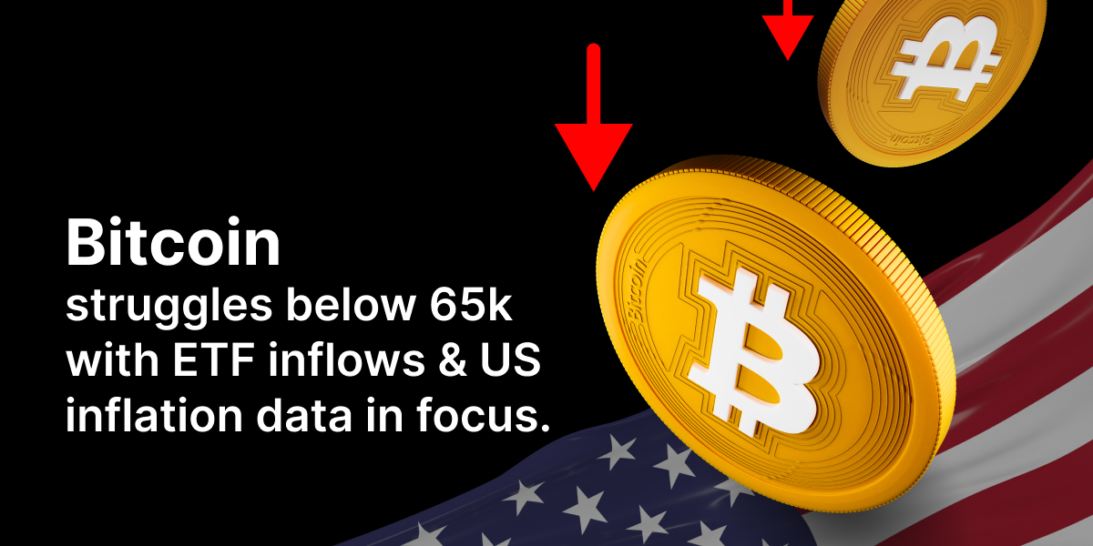Bitcoin struggles below 65k with ETF inflows & US inflation data in focus. - News article 1200x600 26 04 2024