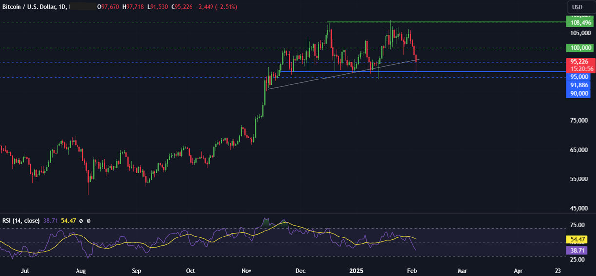 Bitcoin slumps to 91.5k on trade war fears after DeepSeek volatility; NFP data in focus - BTCUSD 50