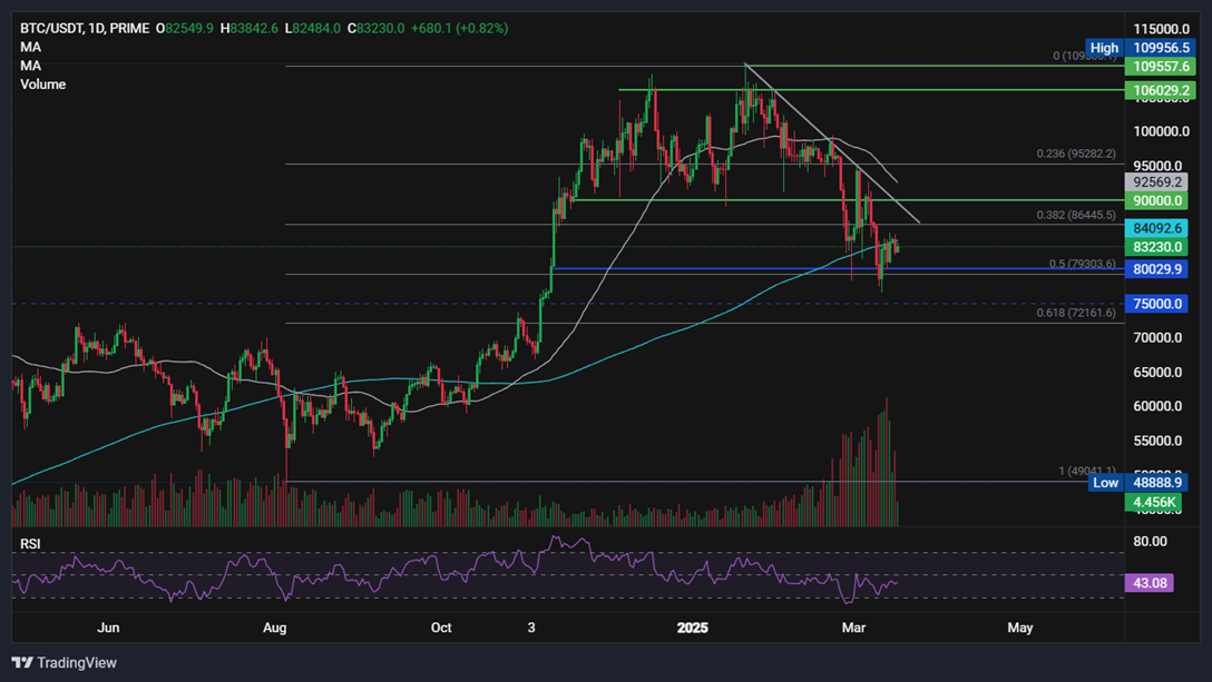 Bitcoin stabilises at around 83k, with the FOMC and trade tariff worries in focus. Is this cycle already past its peak? - BTCUSD 17032025