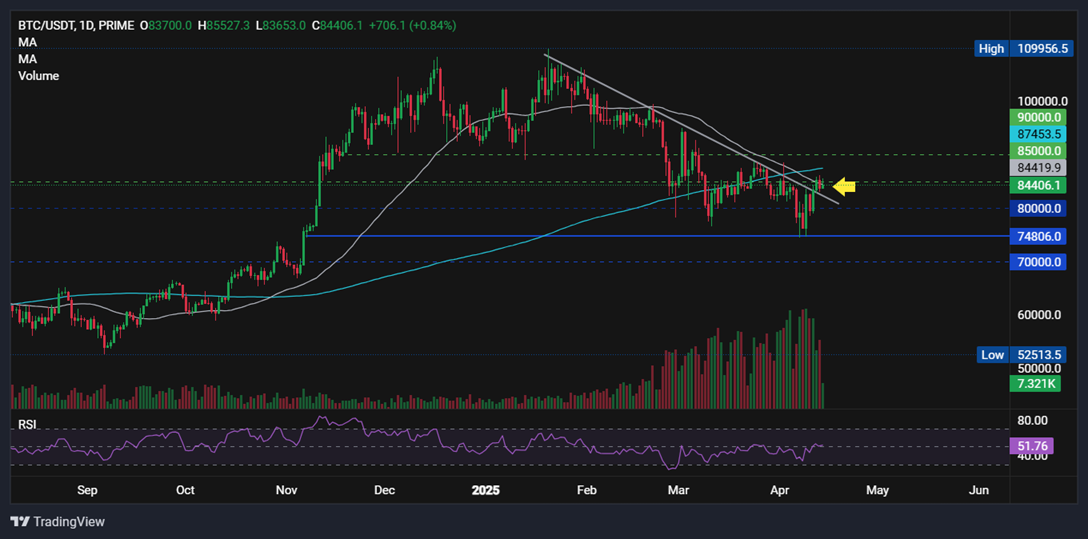 Bitcoin resilience amid trade wars, whale accumulation, a weaker USD, and record M2 money supply.  - btc trendline 14042025