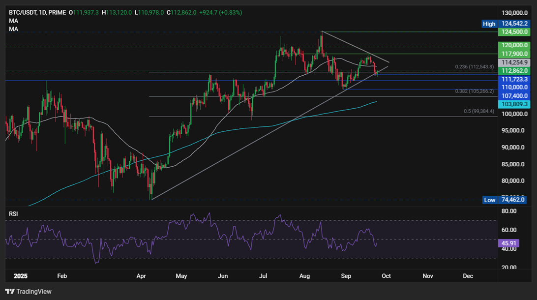 BTC holds below 113k after Monday’s selloff. M2 growth supports a bullish outlook - BTCUSD 19