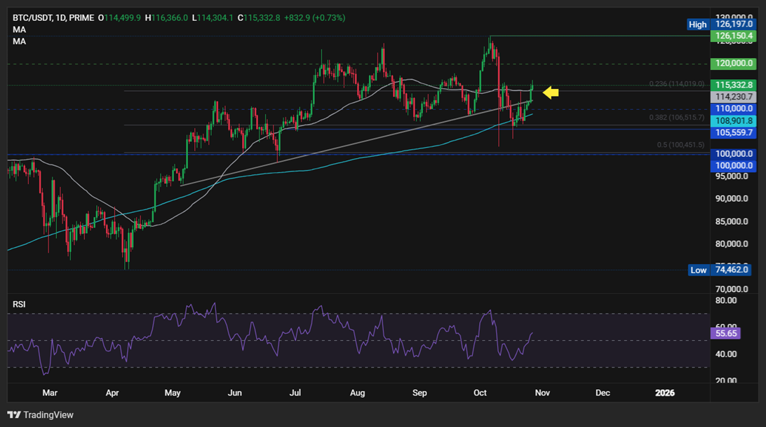 Bitcoin Breaks 115k, Rising Out of “Fear” on US-China Trade Optimism, Fed Rate Cut Hopes - btc